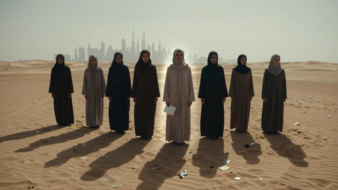 Women stand silently in the desert under Dubai’s skyline, shadows stretching toward an unreachable city.